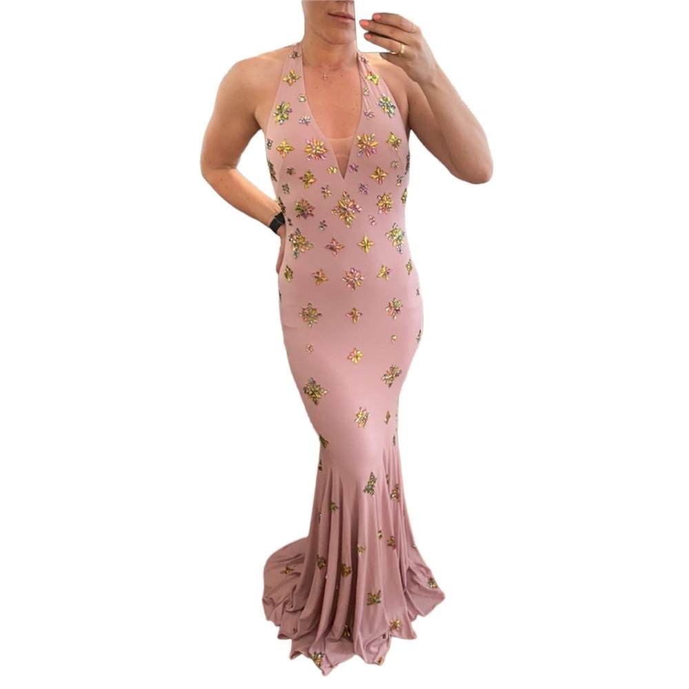 Jovani Halter Pink Gown with Sequins